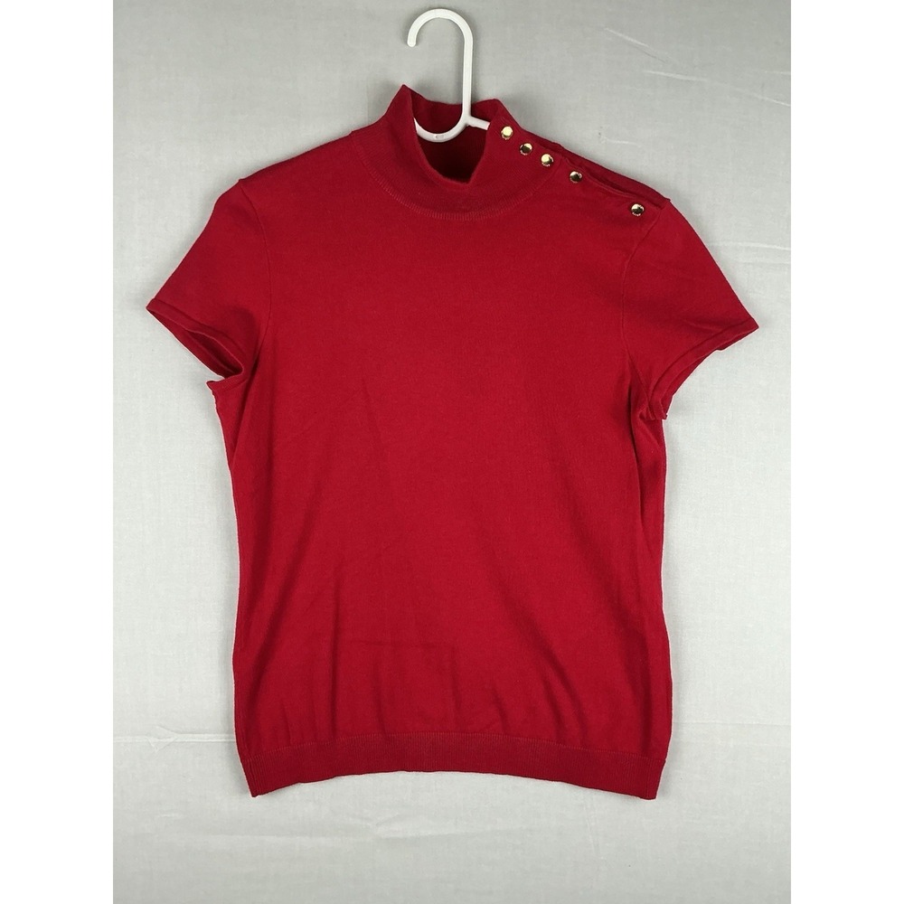 Chaps Sweater Womens Medium Red Mock Neck Short‎ Sleeve Gold Button Missing